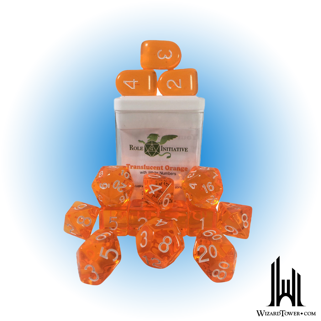 SET OF 15 DICE: TRANSLUCENT BLOOD ORANGE/WHITE